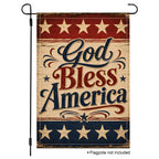Vertical standard size country style "God Bless America" patriotic garden flag mockup isolated on a solid white background with a black metal stand.