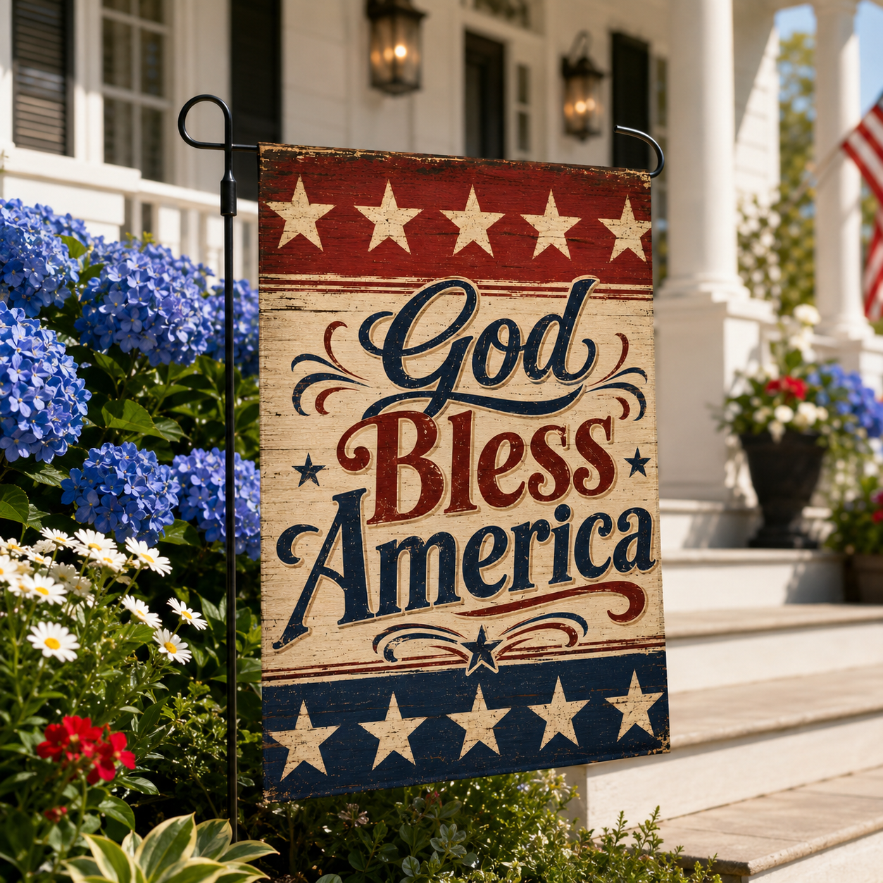 Distressed style "God Bless America" 4th of July decorative flag positioned by concrete front steps alongside beautiful blue hydrangeas and white daisies.