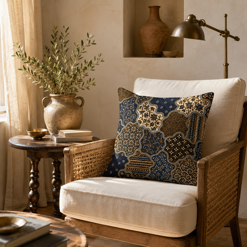 An aesthetic vintage indigo cushion cover featuring traditional floral and geometric patterns, placed on a cushioned rattan armchair in a sunlit corner with rustic clay pots.