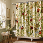 A cottagecore style shower curtain featuring watercolor ladybugs and tiny fairy mushroom houses, hung beside a clawfoot tub in a cozy bathroom with sage green wainscoting and wild flower vases.