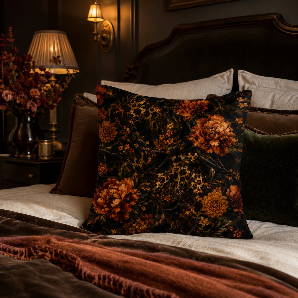 A classic dark floral and leopard accent pillow arranged on a luxury bed with a dark wooden tufted headboard, coordinating velvet linens, and warm bedside lamps.