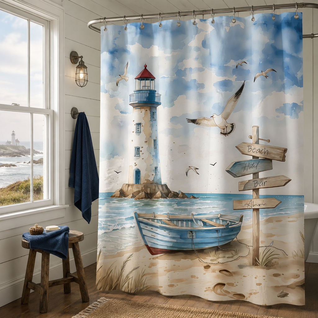 A watercolor ocean scenery shower curtain with a lighthouse and beach wooden signpost, styled in a bathroom next to a window overlooking the sea.