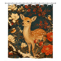 A square polyester shower curtain isolated on a pure white background, featuring a vintage Japanese-inspired artwork of a spotted fawn surrounded by blooming white magnolias, red blossoms, and birds on a deep navy blue background.