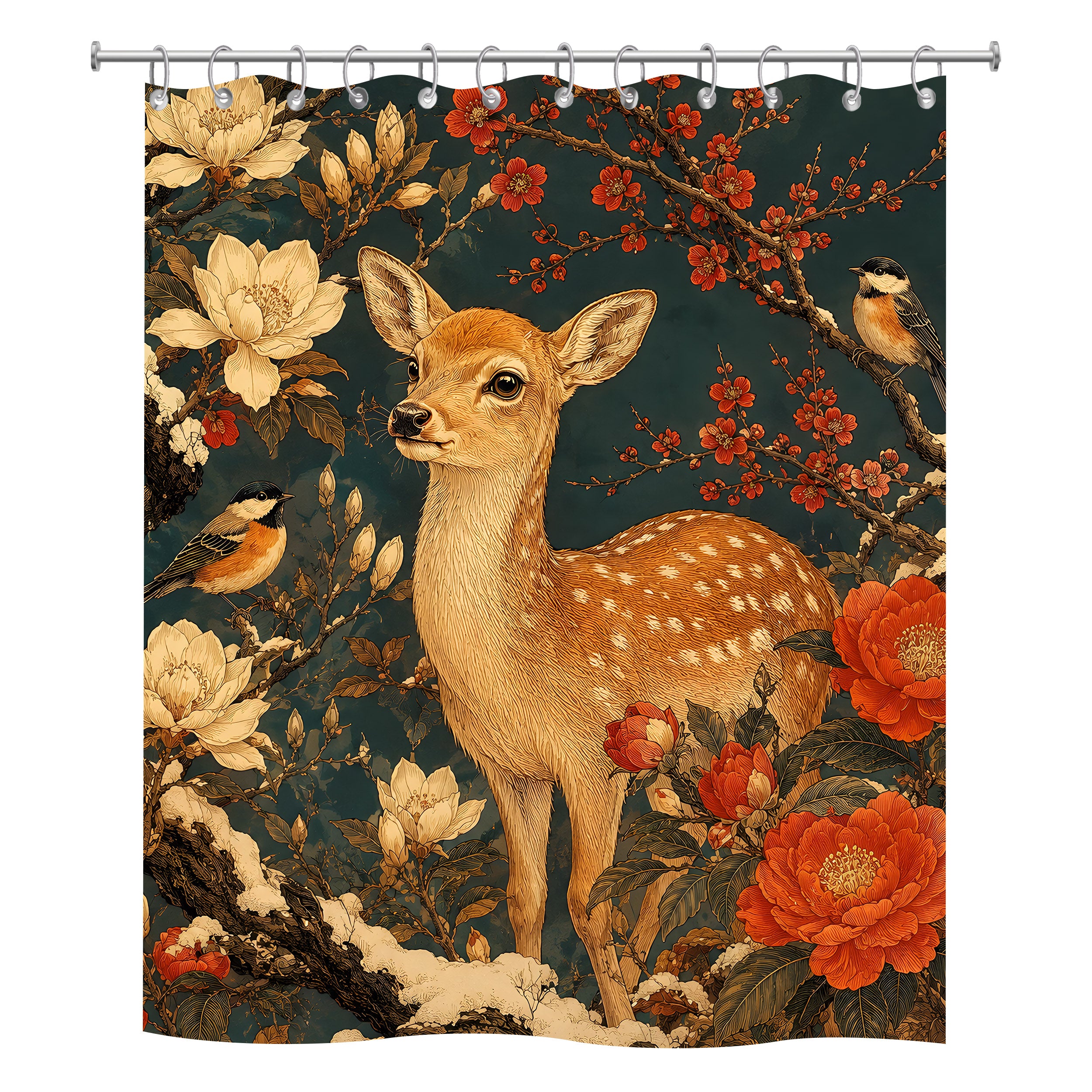 A square polyester shower curtain isolated on a pure white background, featuring a vintage Japanese-inspired artwork of a spotted fawn surrounded by blooming white magnolias, red blossoms, and birds on a deep navy blue background.