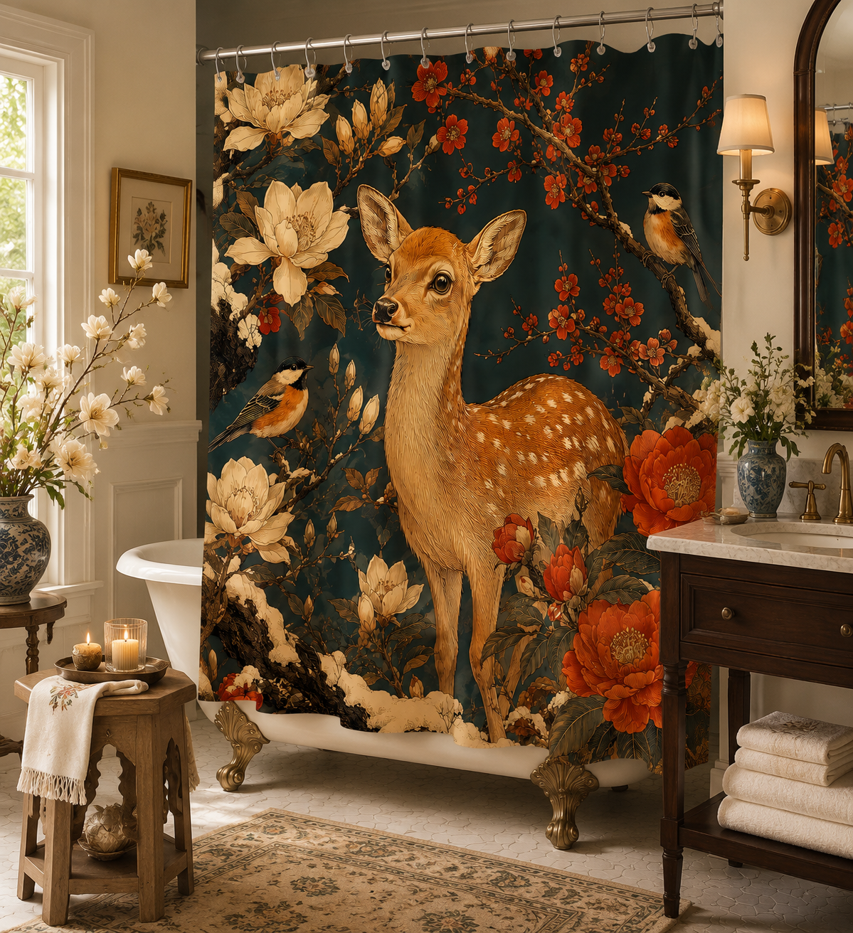 A vintage oriental fawn shower curtain hanging beside a clawfoot bathtub in a classic bathroom, with dark wood vanity, brass fixtures, magnolia bouquet, and warm candlelight.