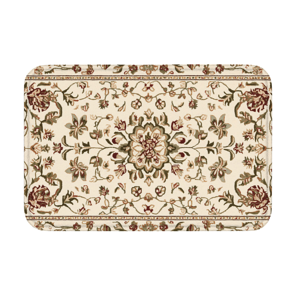 A rectangular traditional oriental style doormat with elegant floral patterns in beige, burgundy, and olive green on a white background.