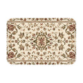 A rectangular traditional oriental style doormat with elegant floral patterns in beige, burgundy, and olive green on a white background.