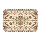 A rectangular traditional oriental style doormat with elegant floral patterns in beige, burgundy, and olive green on a white background.