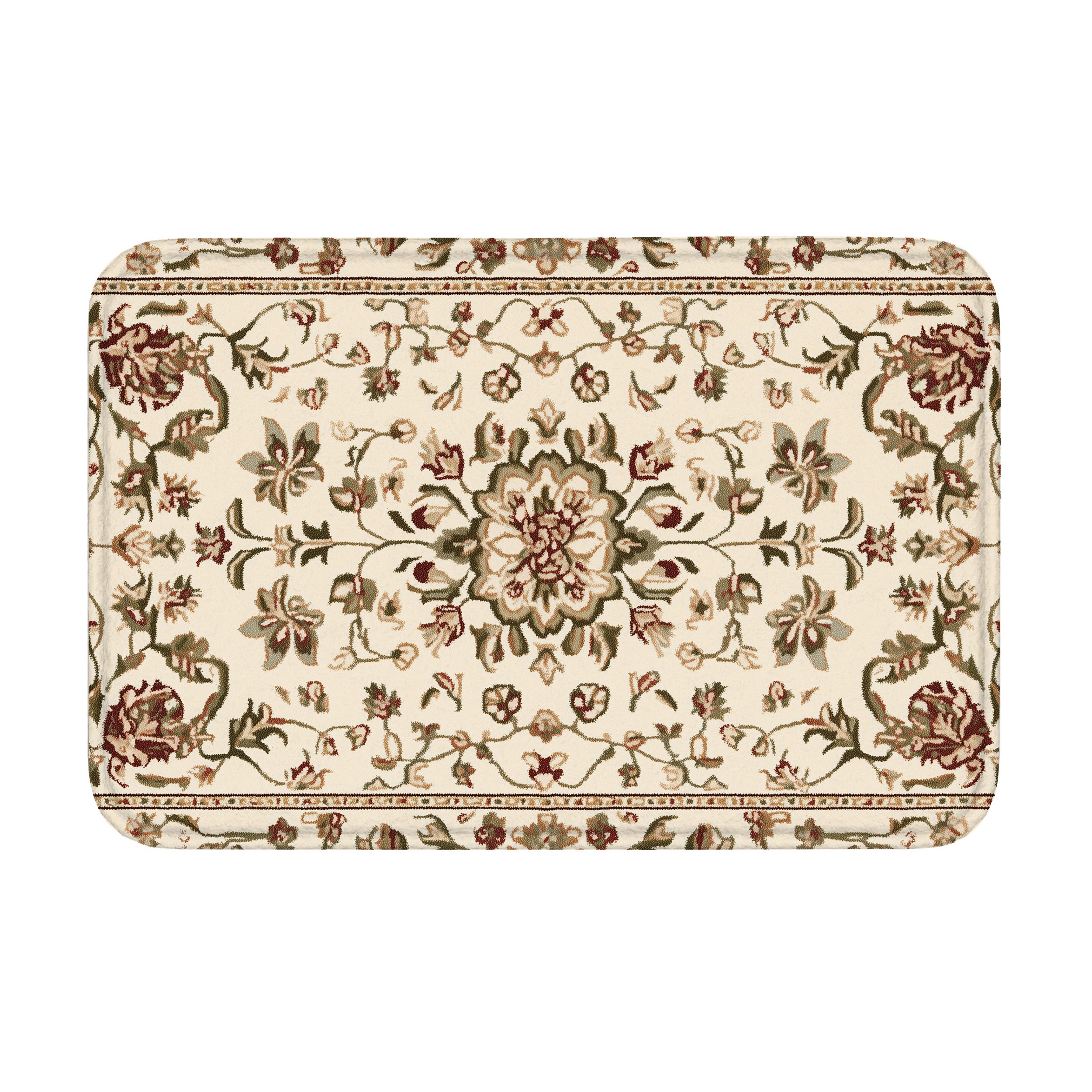 A rectangular traditional oriental style doormat with elegant floral patterns in beige, burgundy, and olive green on a white background.