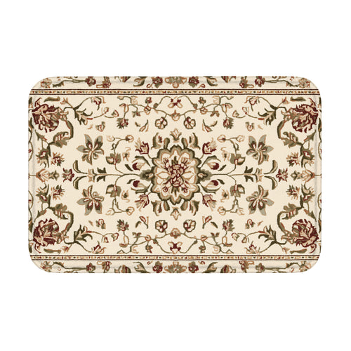 A rectangular traditional oriental style doormat with elegant floral patterns in beige, burgundy, and olive green on a white background.