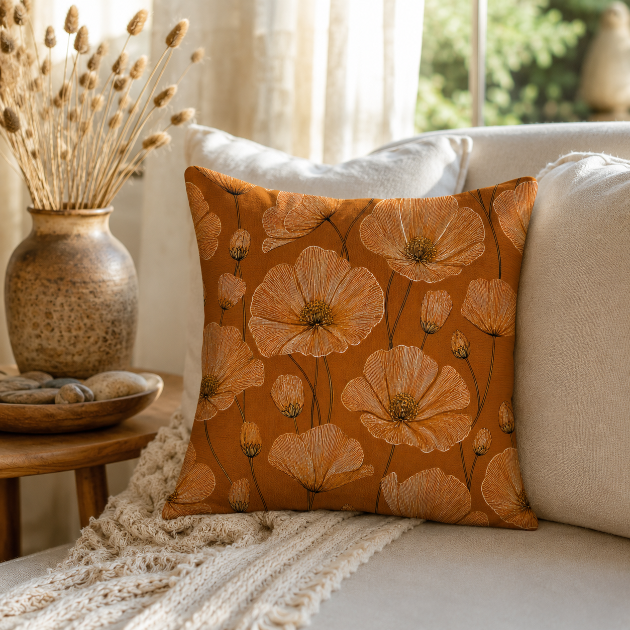 A vintage style terracotta orange poppy floral pillow cover on a couch next to decorative dried grass.