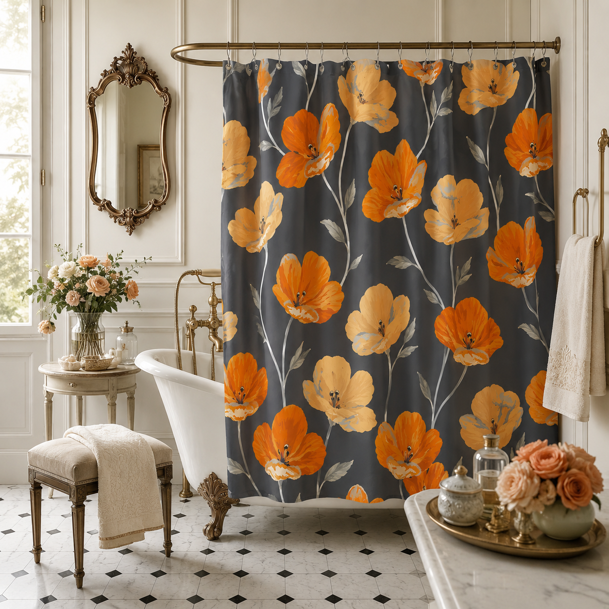 A vintage-inspired orange and yellow poppy flower shower curtain hanging beside a classic clawfoot bathtub in a chic french provincial bathroom with bronze mirror and roses.