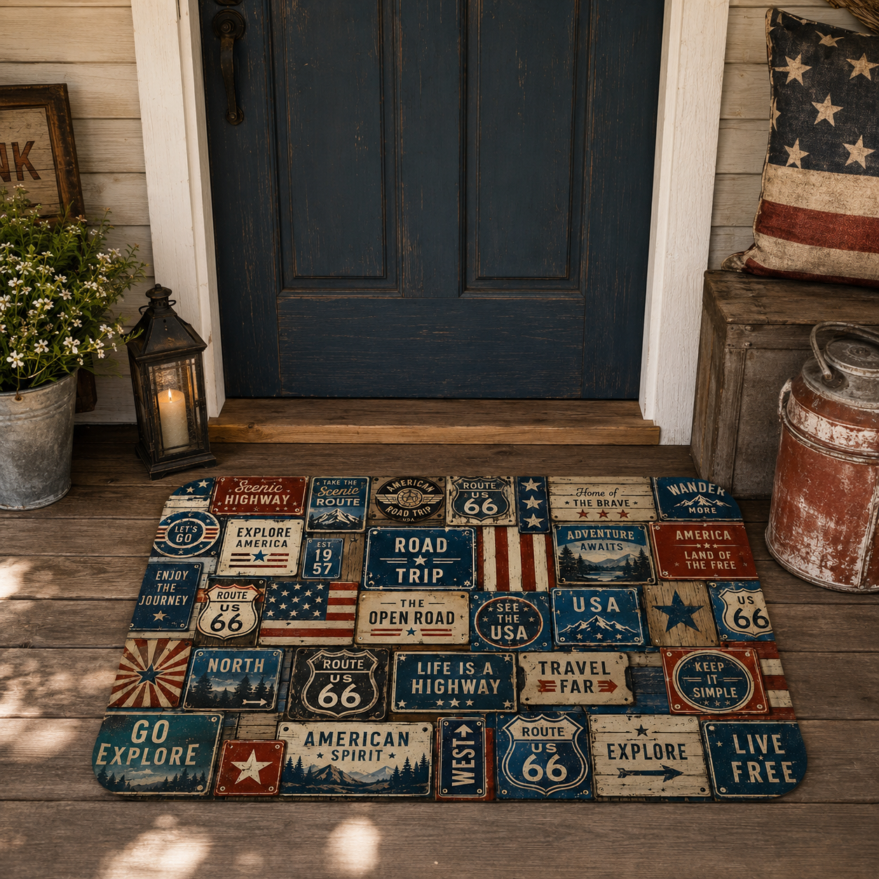 Vintage Route 66 road trip doormat featuring Americana license plates at a dark blue front door.