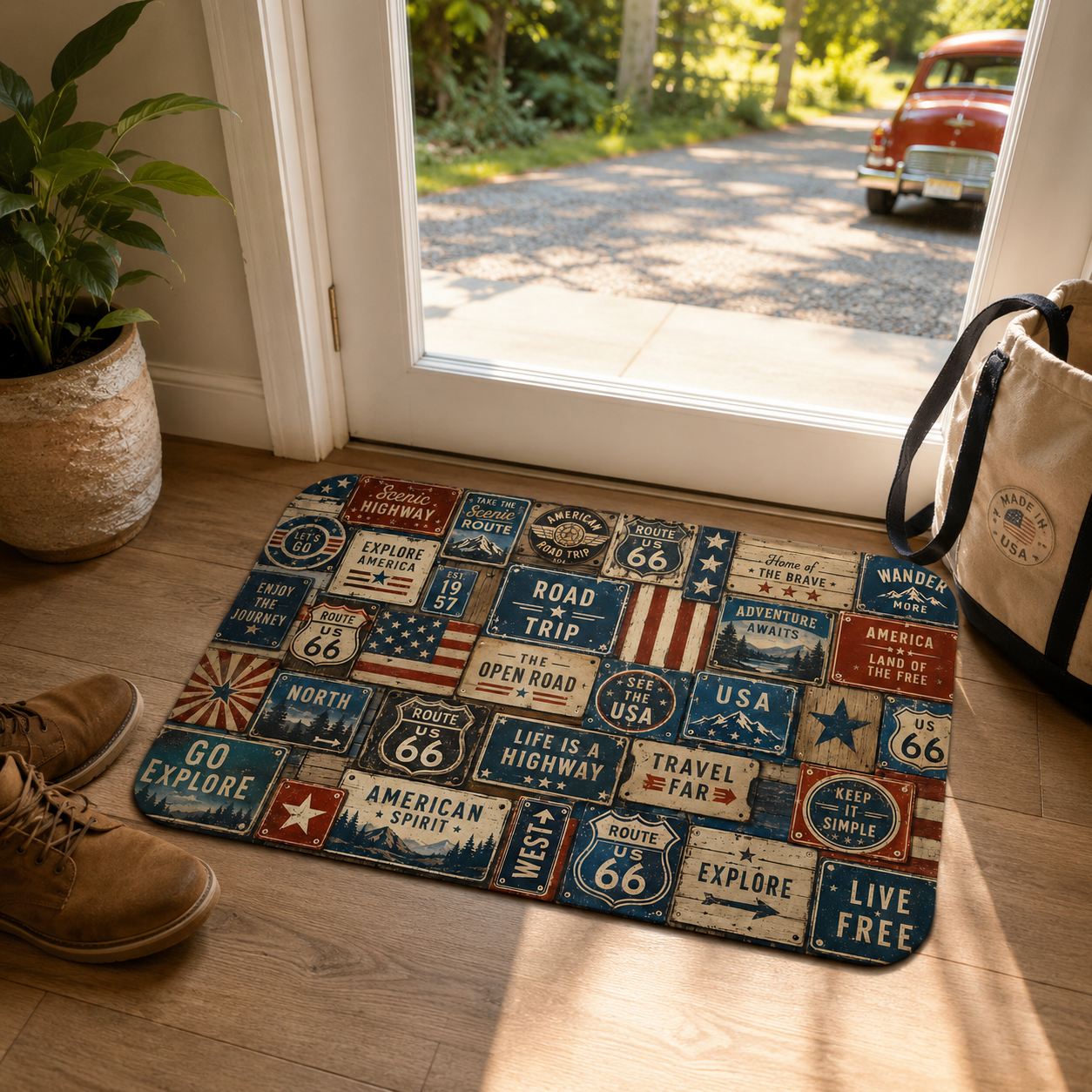 Retro Americana Route 66 road trip doormat placed at a sunny indoor entryway by a glass door.