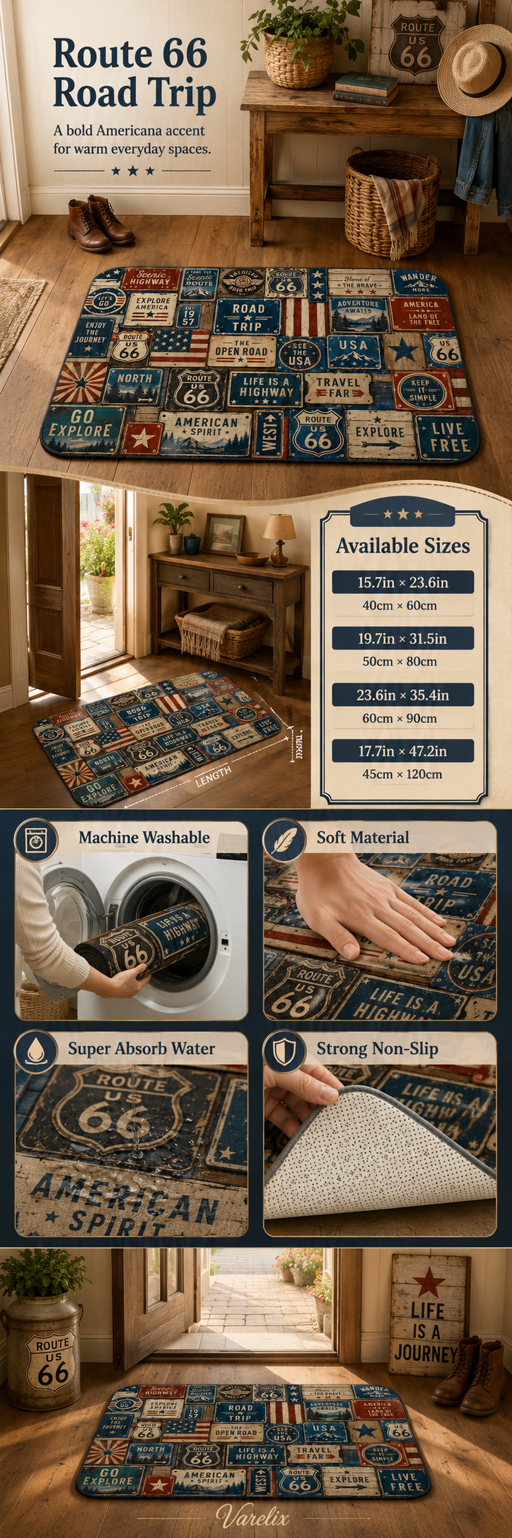 Detailed infographic showing sizes and features of the vintage Route 66 doormat including its non-slip backing.