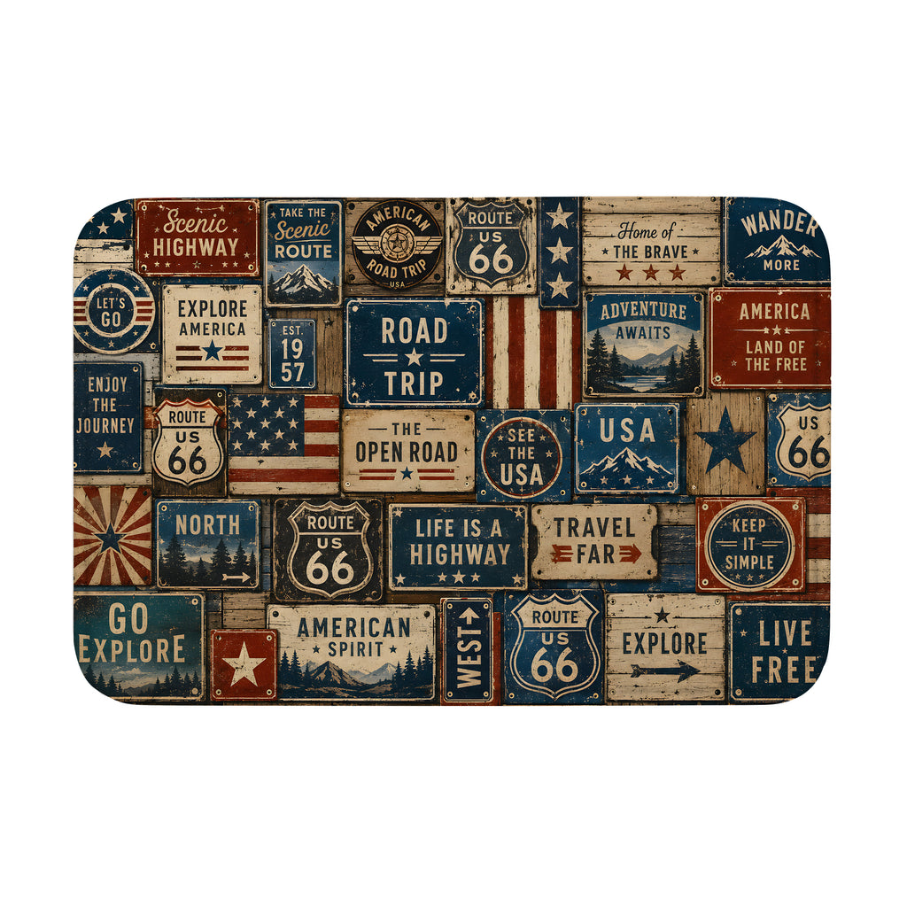 Vintage Route 66 road trip doormat featuring a collage of rustic Americana signs and license plates.