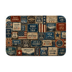 Vintage Route 66 road trip doormat featuring a collage of rustic Americana signs and license plates.