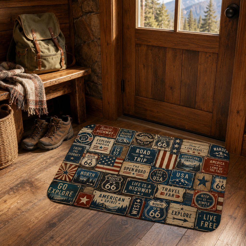 intage style Route 66 road trip floor mat in a rustic wooden mudroom next to hiking boots.
