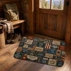 intage style Route 66 road trip floor mat in a rustic wooden mudroom next to hiking boots.
