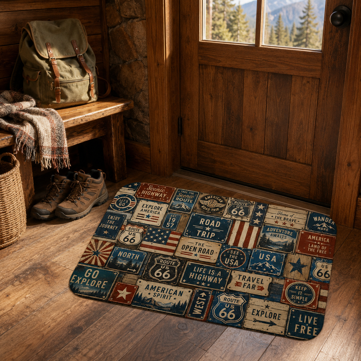 intage style Route 66 road trip floor mat in a rustic wooden mudroom next to hiking boots.