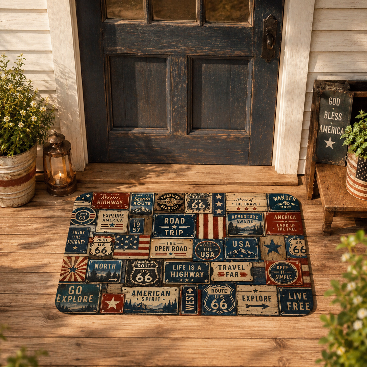 Patriotic vintage Route 66 doormat displayed on a sunny wooden porch with classic Americana decor.
