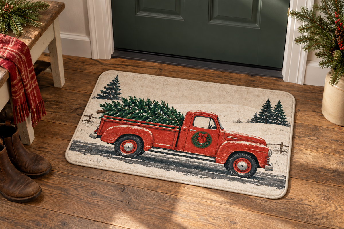 Vintage Truck Christmas Printed Floor Mat, lifestyle view 1: One mat laid flat INSIDE the front door, full landscape mat and all four rounded corners visible at small accent-mat scale, angled downward photography.