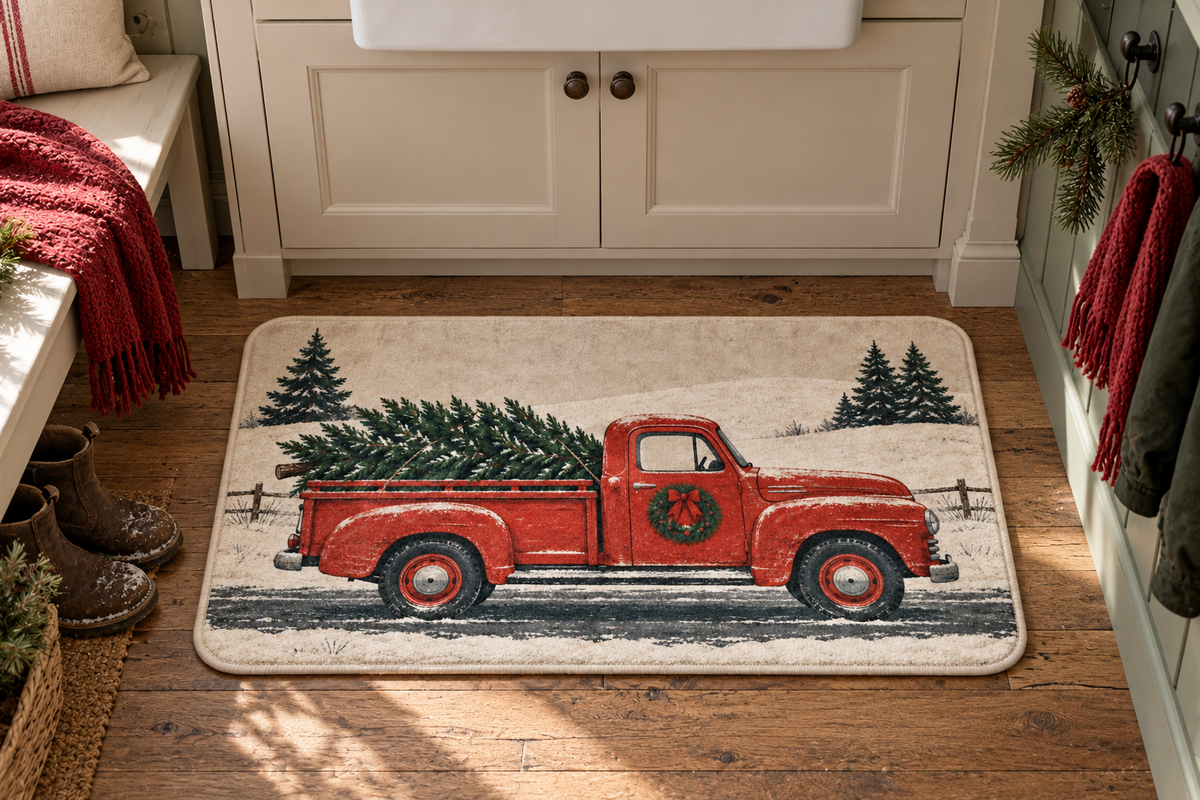 Vintage Truck Christmas Printed Floor Mat, lifestyle view 2: One mat on the kitchen floor in front of a sink or coffee station, full printed surface readable, no furniture hiding the design.