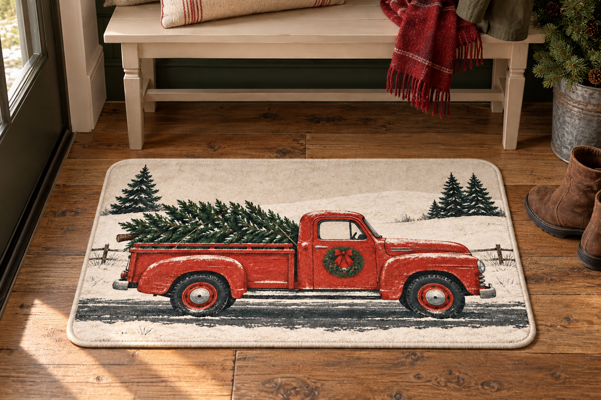 Vintage Truck Christmas Printed Floor Mat, lifestyle view 3: One mat in a tidy indoor mudroom beside a small bench, photographed slightly above with realistic 16 by 24 inch scale.