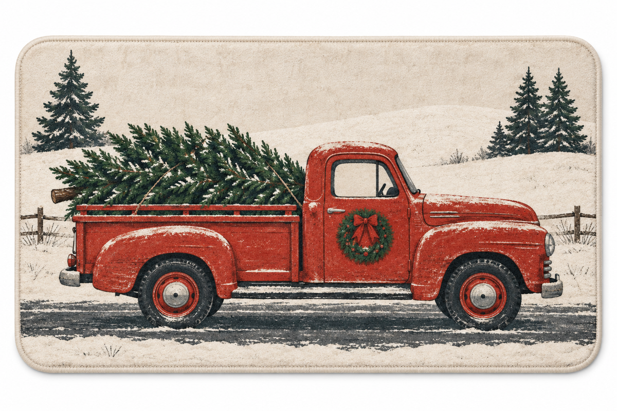 Vintage Truck Christmas Printed Floor Mat on a white background, showing the complete printed design.