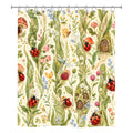 A square polyester shower curtain isolated on a pure white background, featuring a seamless pattern of red ladybugs, green leaves, wildflowers, and hidden wooden fairy doors under red mushrooms.