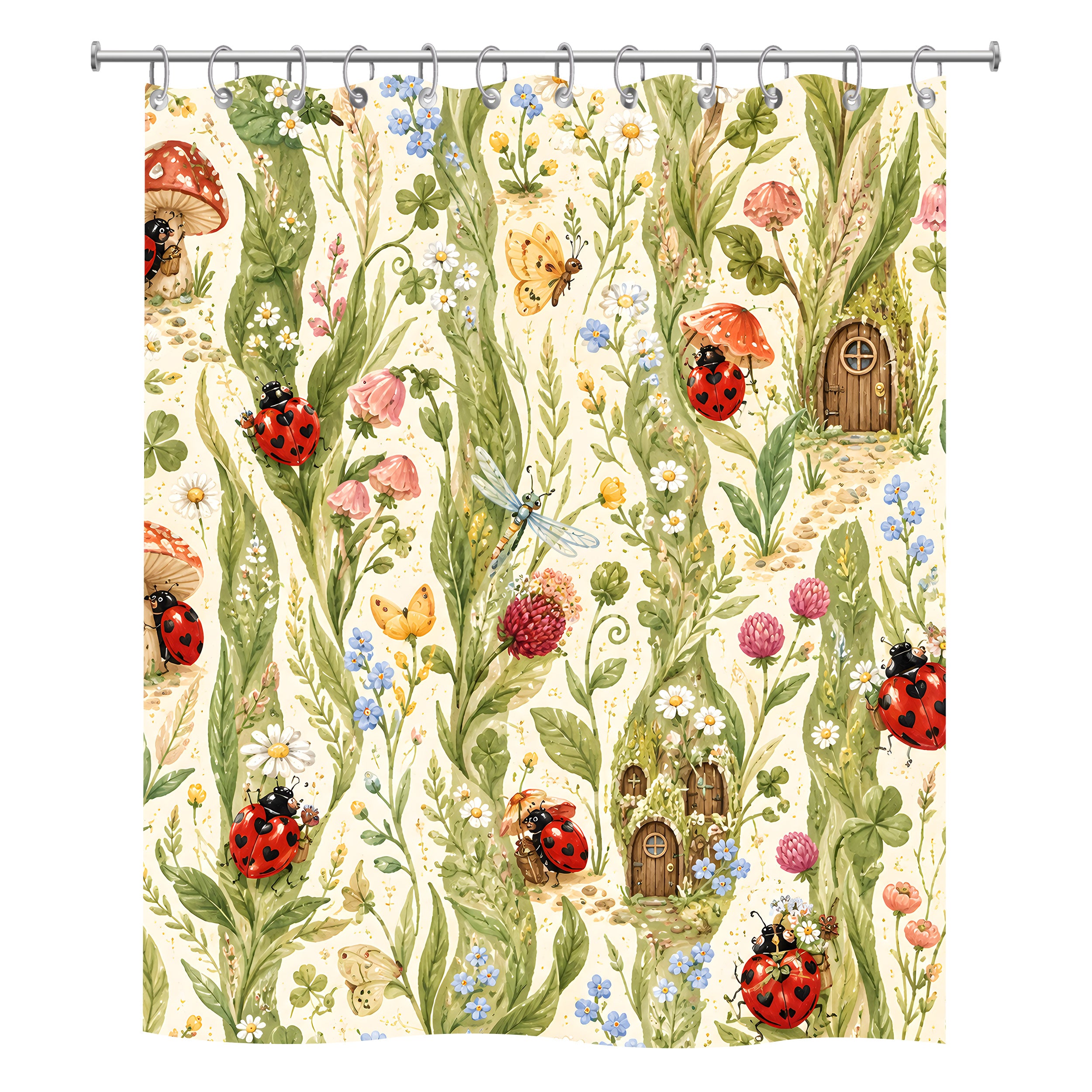A square polyester shower curtain isolated on a pure white background, featuring a seamless pattern of red ladybugs, green leaves, wildflowers, and hidden wooden fairy doors under red mushrooms.