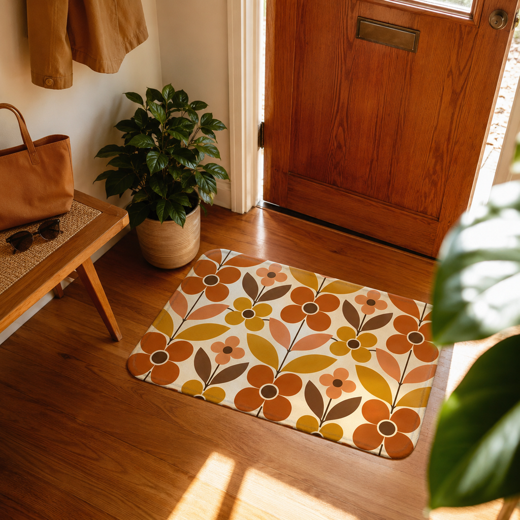 A welcoming mid-century floral doormat styled on a rich hardwood floor by an open wooden front door next to a plant and a bench.