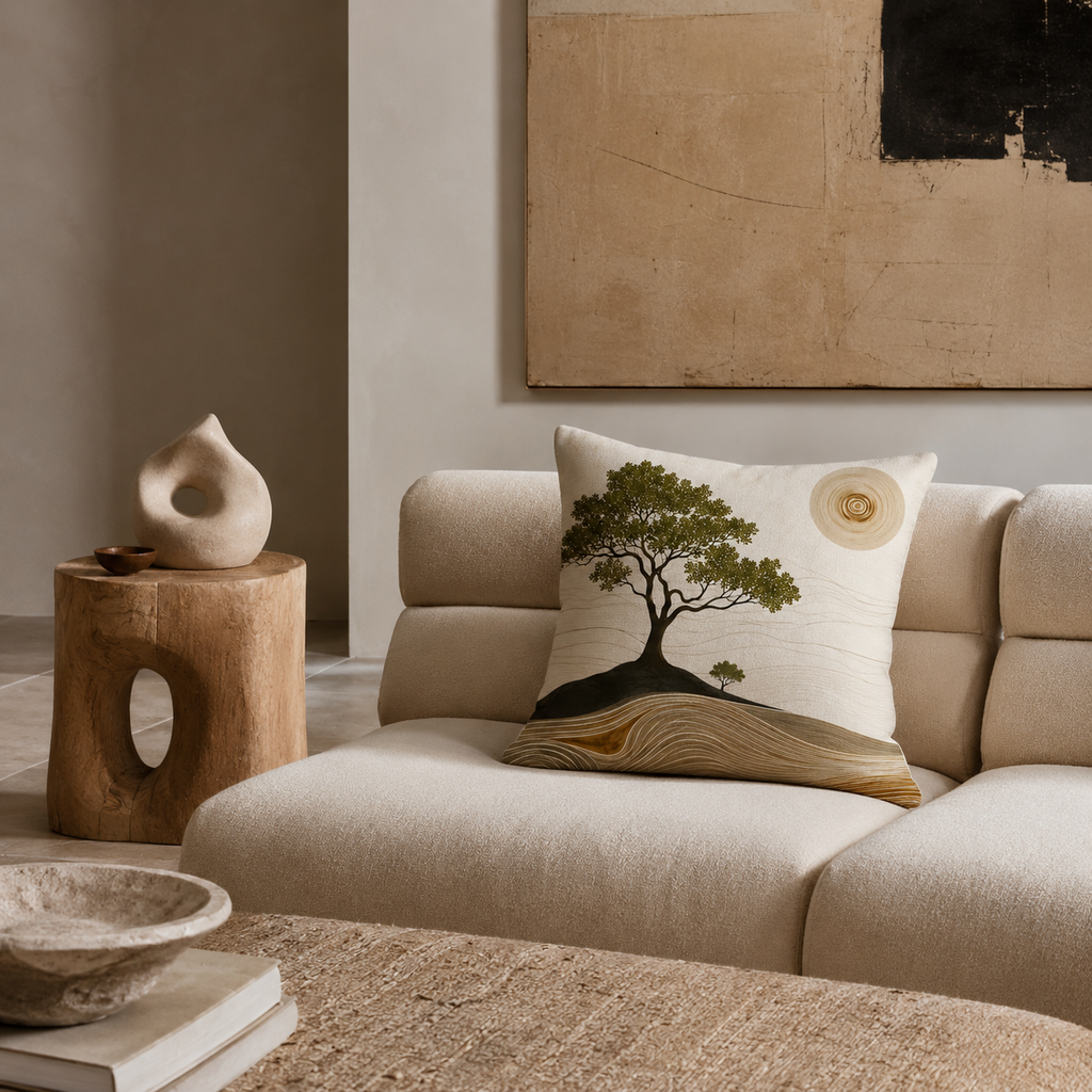 A minimalist wabi-sabi art throw pillow featuring a stylized green tree and abstract golden-brown landscape lines, styled on a low-profile cream sofa in a modern earthy-toned living room.