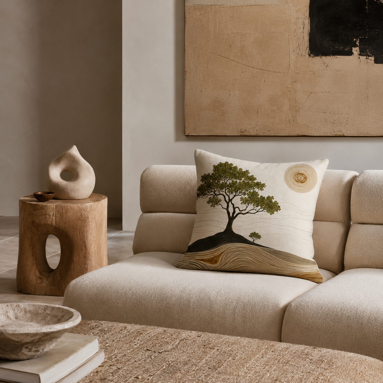 A minimalist wabi-sabi art throw pillow featuring a stylized green tree and abstract golden-brown landscape lines, styled on a low-profile cream sofa in a modern earthy-toned living room.