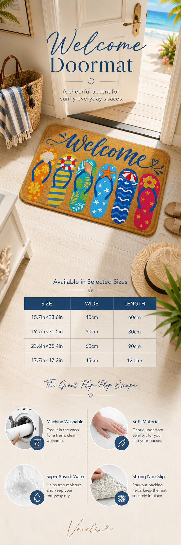 Summer welcome doormat displayed in a sunny coastal entryway with a size chart and key features including machine washable and non-slip backing.