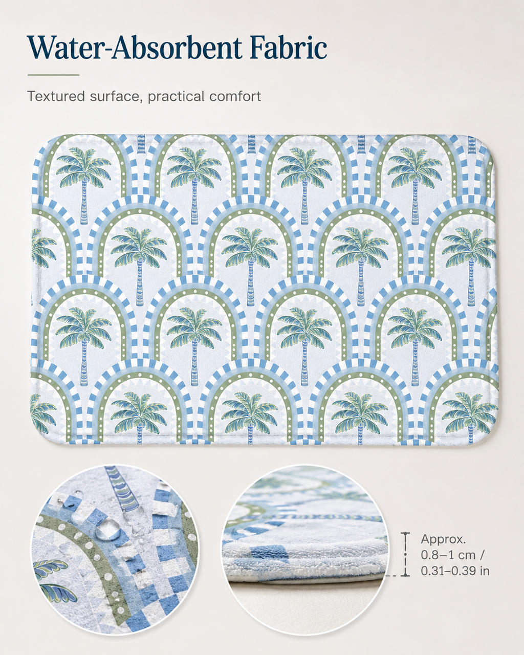 Water-absorbent fabric shower rug with palm tree design, showing close-up details of texture, thickness, and water droplets on the surface.