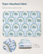 Water-absorbent fabric shower rug with palm tree design, showing close-up details of texture, thickness, and water droplets on the surface.