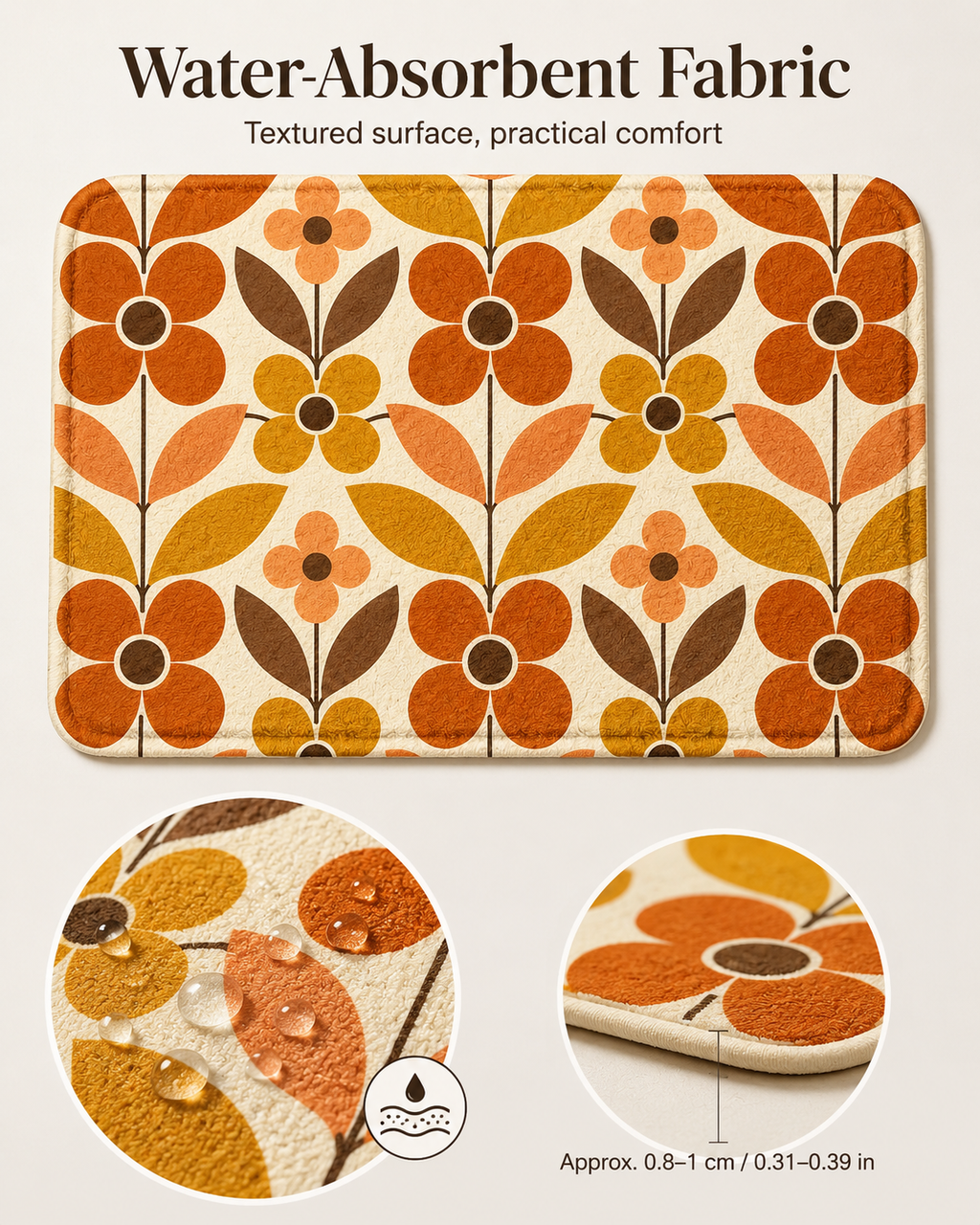 Water-absorbent mid-century floral doormat with close-up circles showcasing water droplets on the textured fabric and a 0.31 to 0.39 inch thickness profile.
