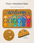 Water-absorbent summer front door mat with colorful flip-flops print, featuring close-up details of texture, thickness, and water droplets.