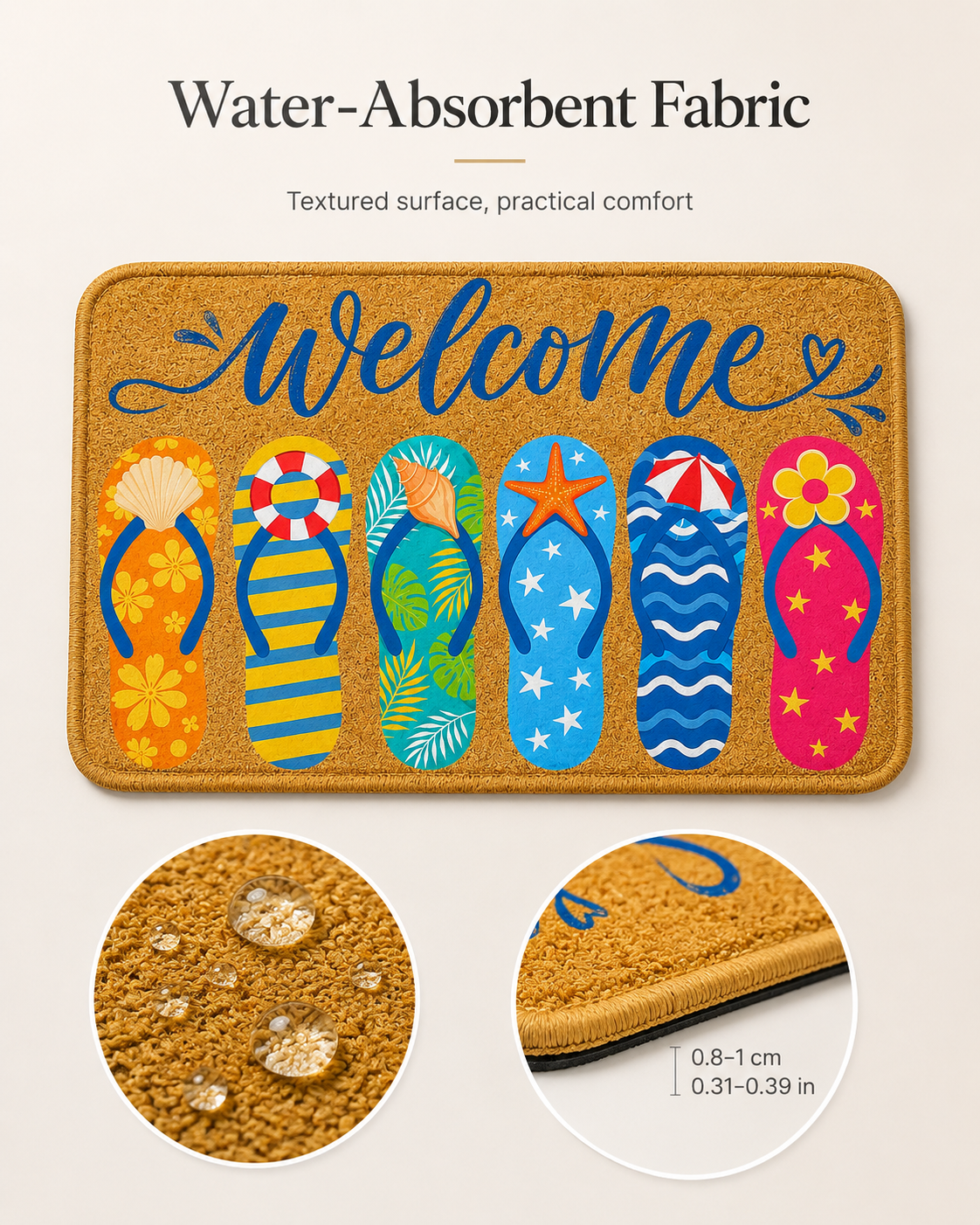 Water-absorbent summer front door mat with colorful flip-flops print, featuring close-up details of texture, thickness, and water droplets.