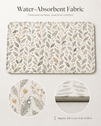 Water-absorbent botanical bath mat with close-up circles showing water droplets on the woven textured surface and a 0.31 to 0.39 inch thickness profile.