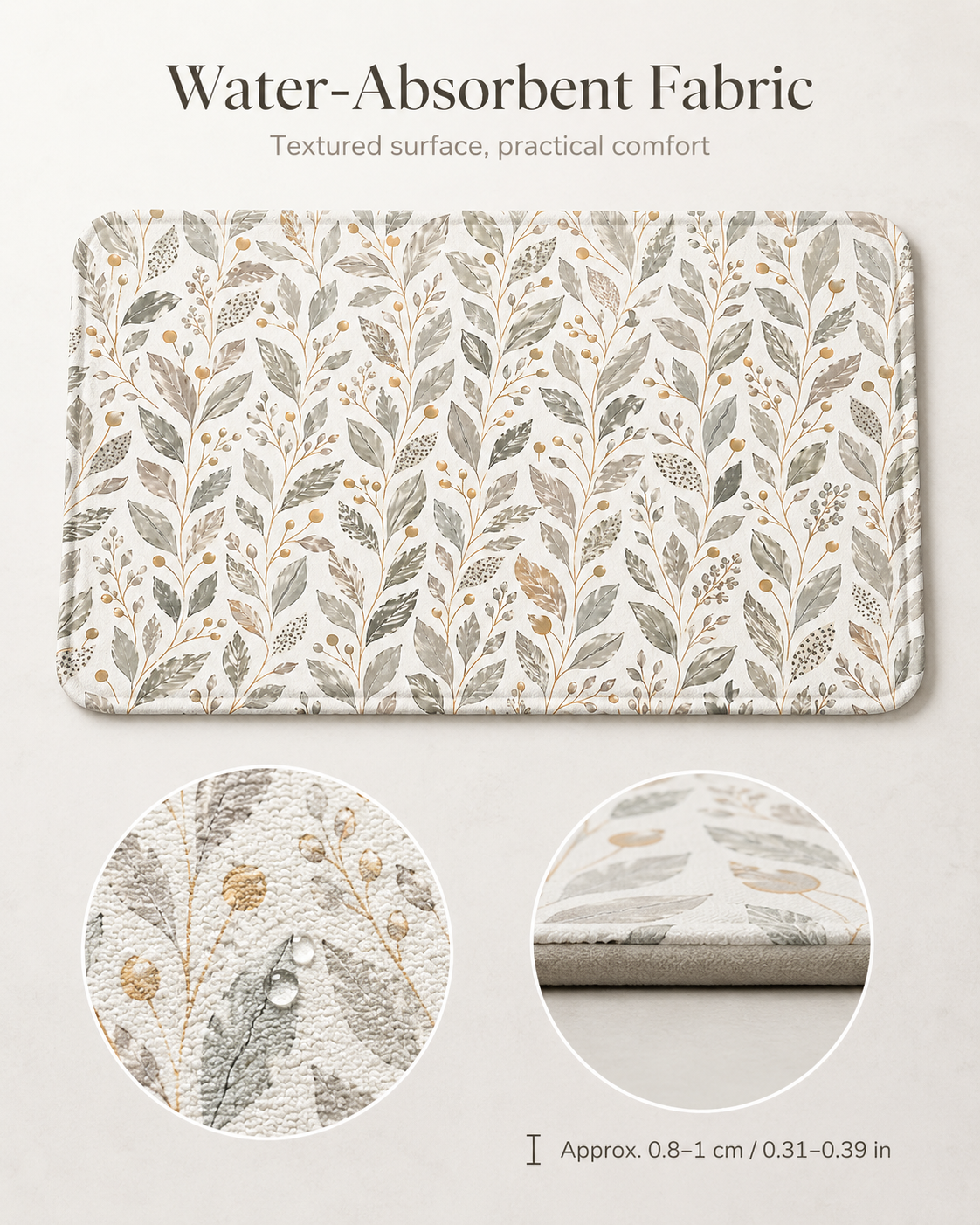 Water-absorbent botanical bath mat with close-up circles showing water droplets on the woven textured surface and a 0.31 to 0.39 inch thickness profile.