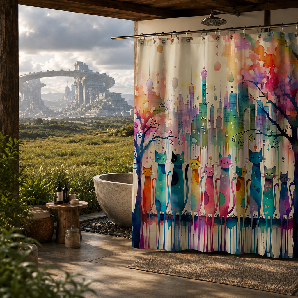 Whimsical cat shower curtain setup in an open-air rustic bathroom overlooking a futuristic sci-fi city landscape.