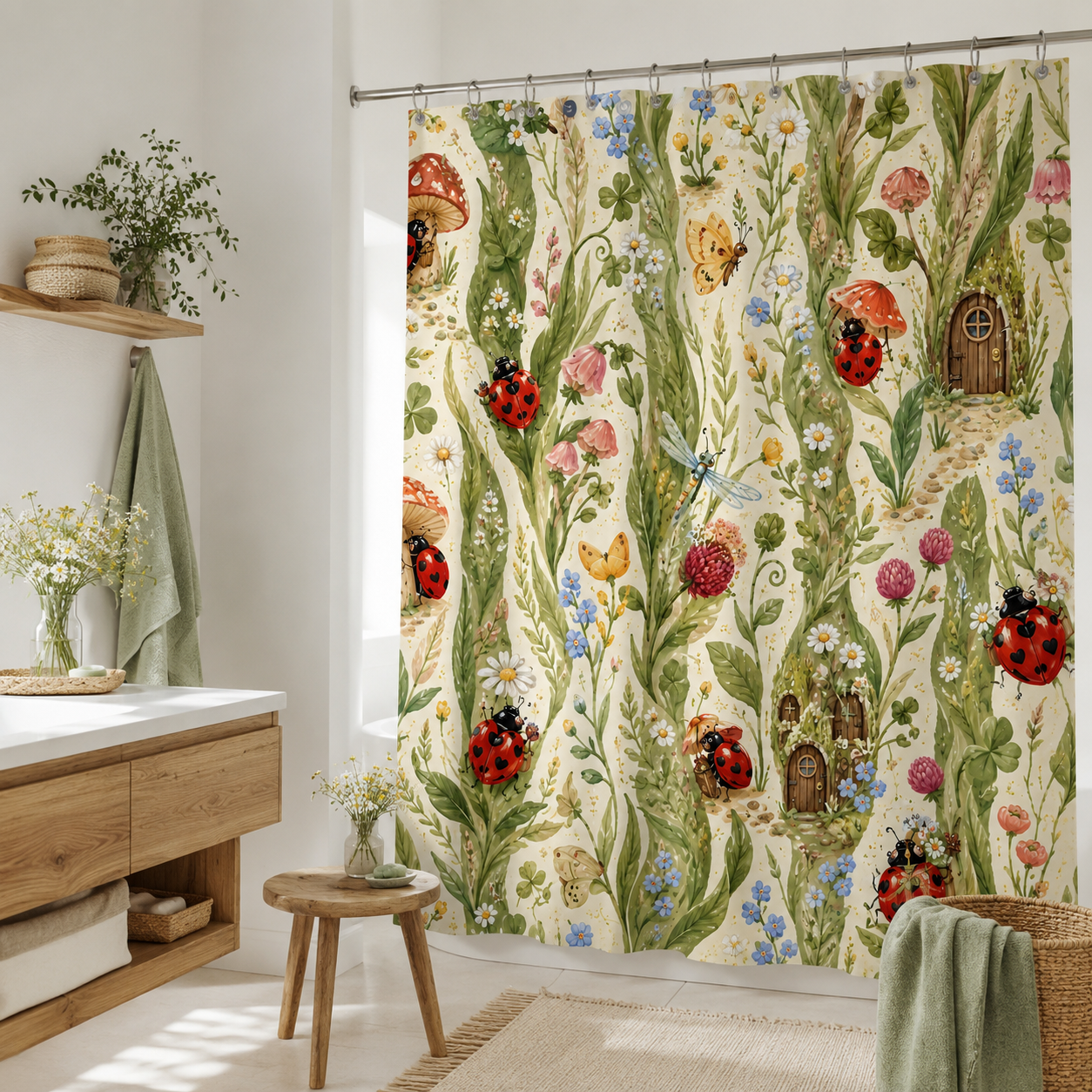 A watercolor fairy garden ladybug shower curtain hanging in a bright, modern bathroom featuring natural light, a floating wooden vanity, a round stool, and soft green towels.