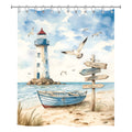 An isolated studio product shot of a rectangular shower curtain with a detailed watercolor illustration of a lighthouse, a wooden boat, and seagulls.