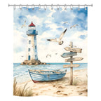 An isolated studio product shot of a rectangular shower curtain with a detailed watercolor illustration of a lighthouse, a wooden boat, and seagulls.