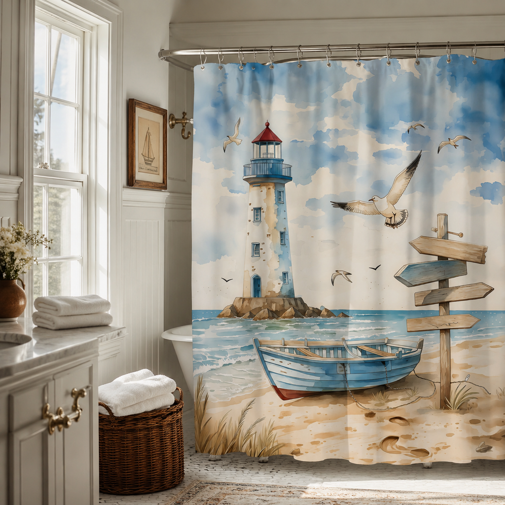 A serene watercolor style shower curtain with a coastal lighthouse and blue boat scene, hanging in a warm white bathroom with folded towels and a wicker basket.