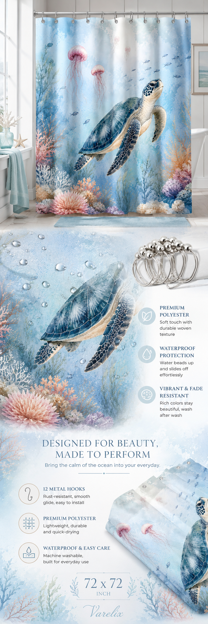 Detailed product infographic for Varelix brand featuring a watercolor sea turtle shower curtain, detailing its premium polyester fabric, waterproof protection, and 72x72 inches dimensions.