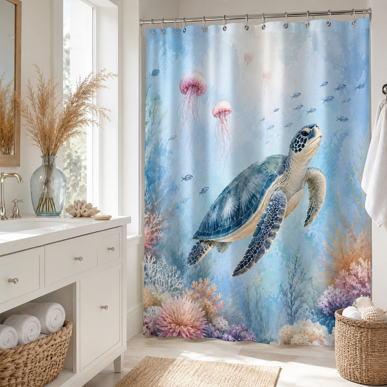 Watercolor style ocean shower curtain showcasing a large sea turtle swimming alongside pink jellyfishes and colorful coral reefs in a bright, modern white bathroom.