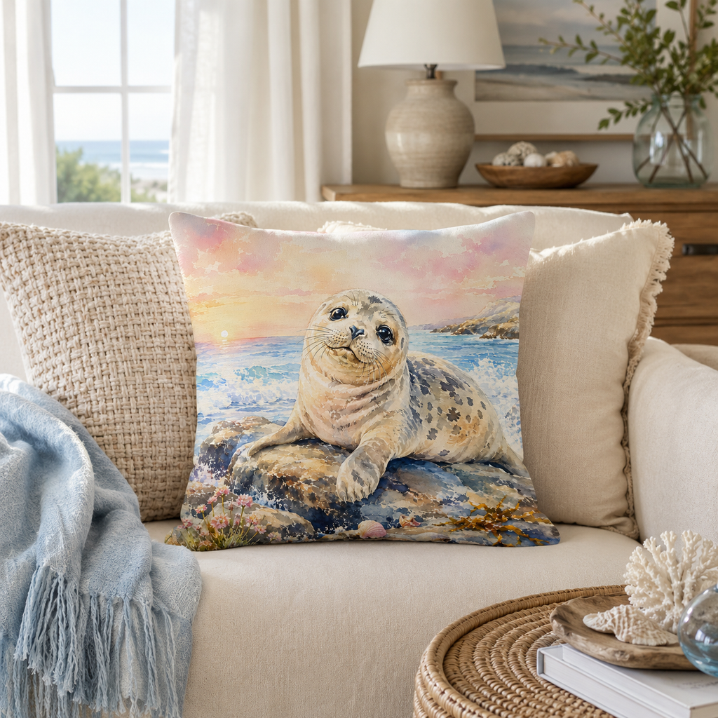 A cute watercolor harbor seal throw pillow featuring a coastal sunset ocean print, styled on a modern beige living room couch with a soft blue throw blanket.